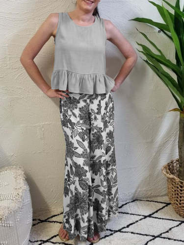 Ruffled Hem Tank Printed Pants Casual Two-piece Suits