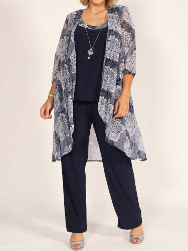 Three-Piece Suit Of Round Neck Printed Vest And Jacket With Trousers