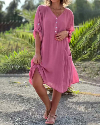 Plus Size V Neck Long Sleeve Solid Color Linen Dress