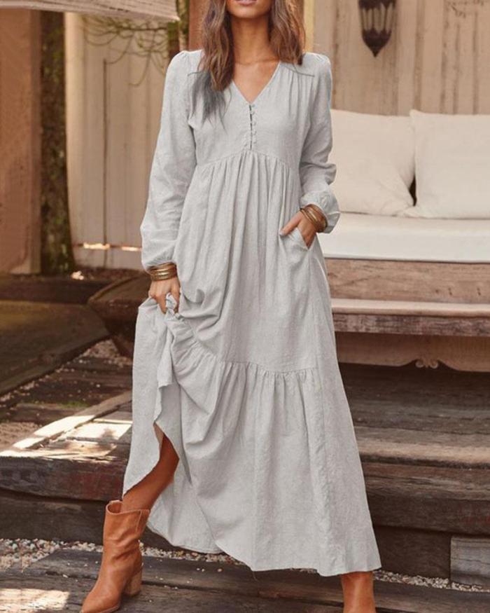 Buttoned Cotton and Linen Retro Casual Long-sleeved Dress