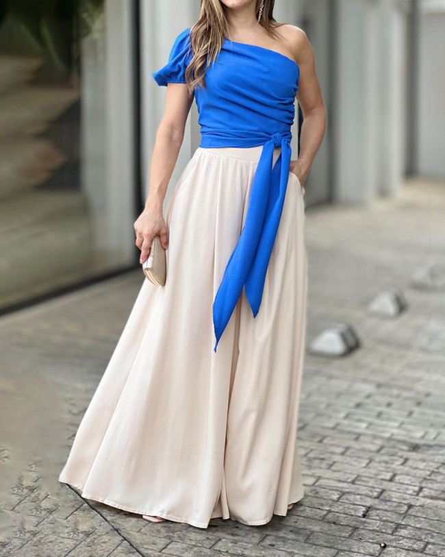 One-shoulder Short-sleeved Pleated Tie Top Pants Solid Color Two-piece Suit