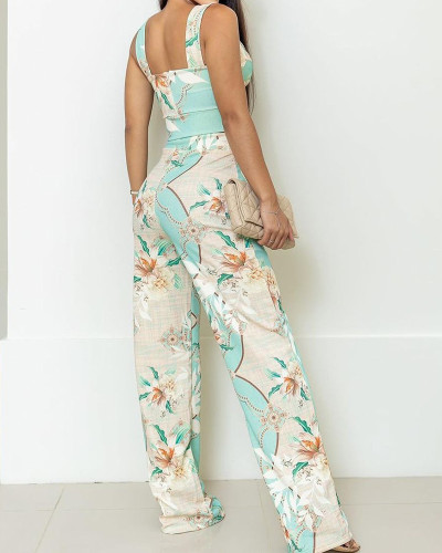 Floral-print Suspender Top Straight-leg Pants Two-piece Set