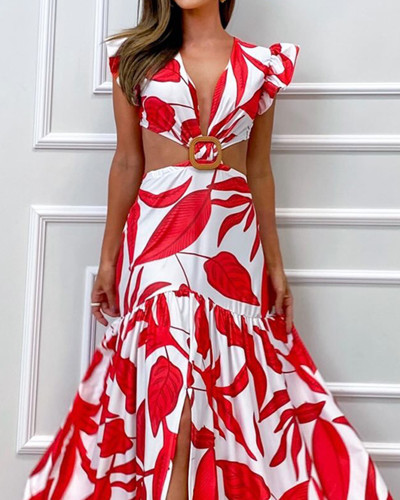 Leaf Print Cutout Fashion Dress