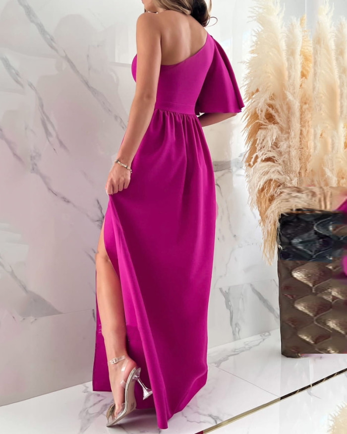 Solid Color Ruffled Sloping Shoulder Hem Slit Dress