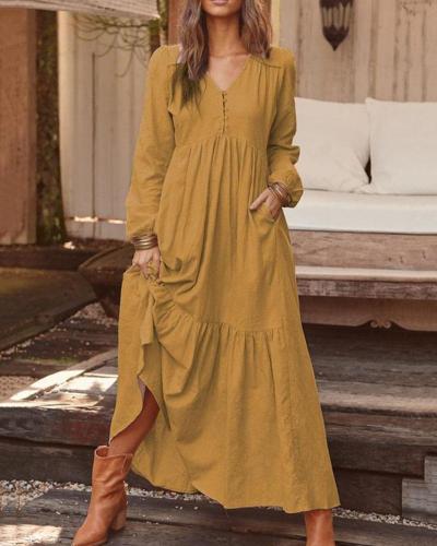 Buttoned Cotton and Linen Retro Casual Long-sleeved Dress