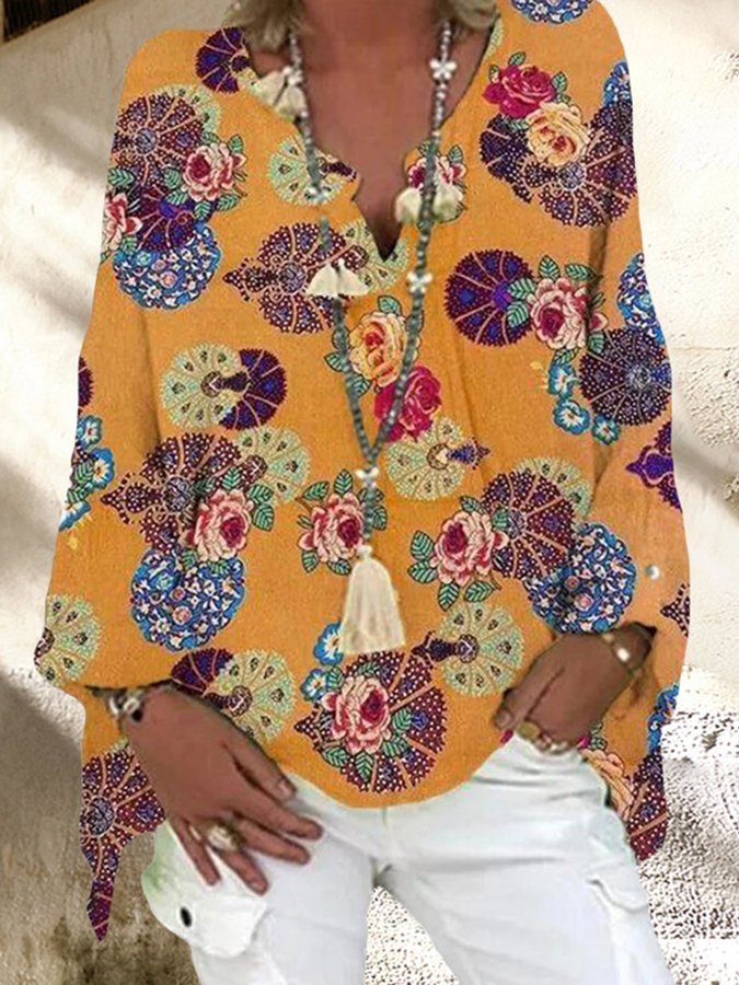 Women's Geometric Printed Long Sleeve V-neck Casual shirt