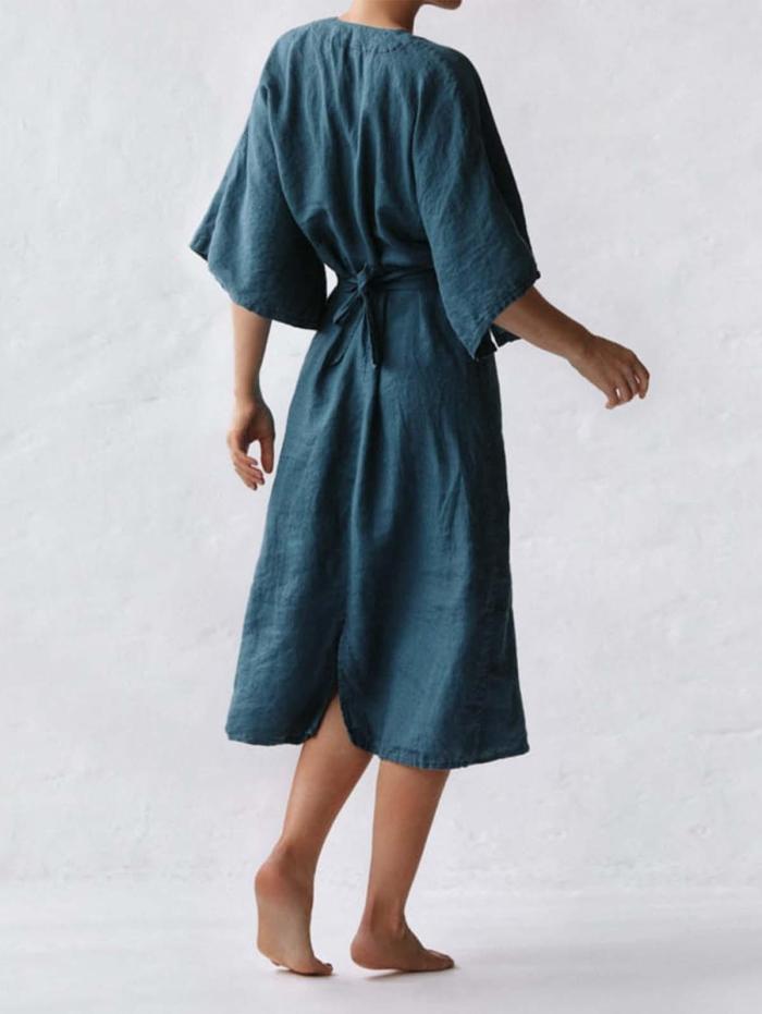 Elegant Ink Blue Linen Fitted Dress