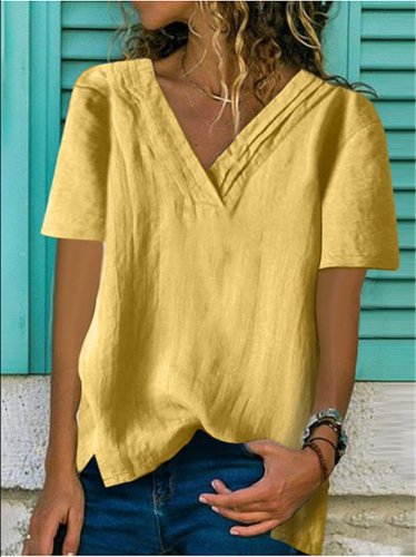 Women's Big V Neck Short Sleeve Hem Bifurcated Multi-layer Collar Pleated T-Shirt Top
