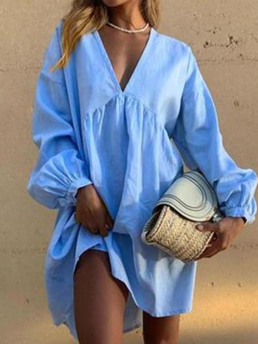 V-Neck Cotton Linen Long Sleeve Mini Dress