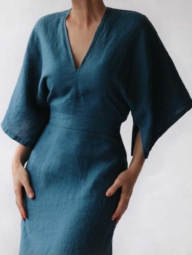 Elegant Ink Blue Linen Fitted Dress