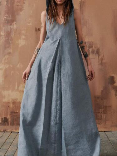 Casual Breathable Linen Front Pleated Hooded Long Dress