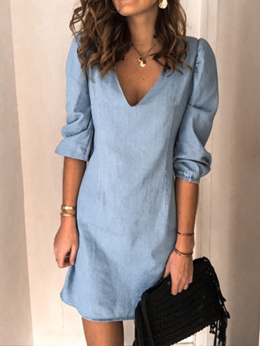Spring and summer new solid color V-neck short sleeve casual loose cotton linen dress women's wear