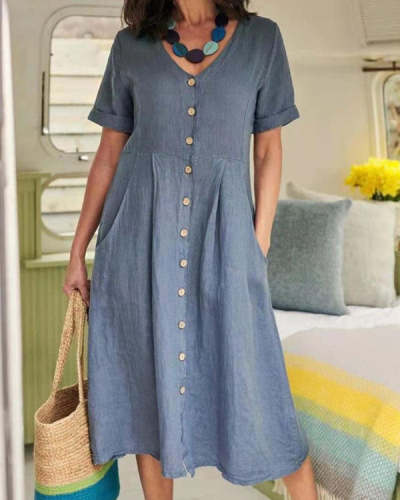 Casual Button up Solid Color Loose V-neck Linen Dress