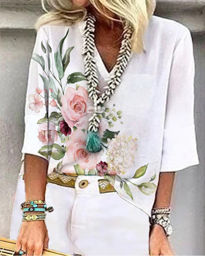 Relaxed Floral Print Loose V-Neck Top