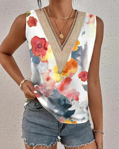 Casual Printed Lace V-neck Vest