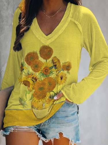 🔥Buy 3 Get 10% Off🔥Women's Vintage Oil Sunflowers Print Casual Long-Sleeve T-Shirt
