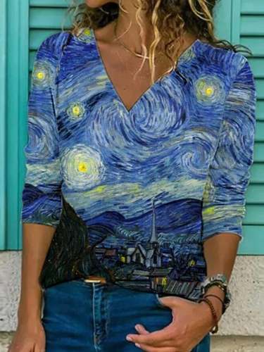 🔥Buy 3 Get 10% Off🔥Women's World Famous Painter Oil Painting Starry Sky Print Big V Neck Long Sleeve T-Shirt Top