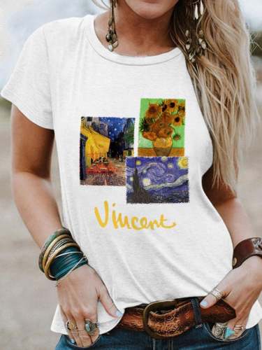 Women's Van Gogh Oil Painting Print Crew Neck Short Sleeve T-Shirt