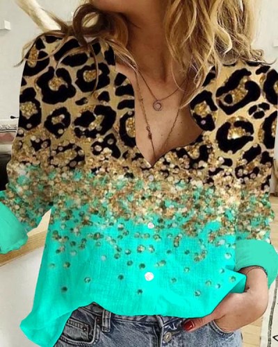Relaxed Loose Long Sleeve Contrasting Leopard Print Shirt