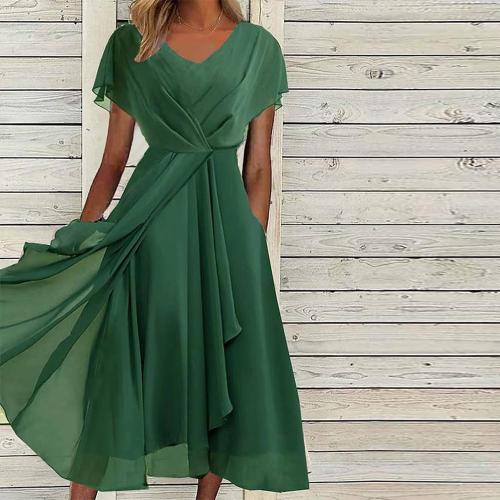 Jeweled Green Pleated Front Slit Midi Dress