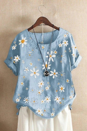 Floral Print Casual Round Neck Short Sleeves T-shirt