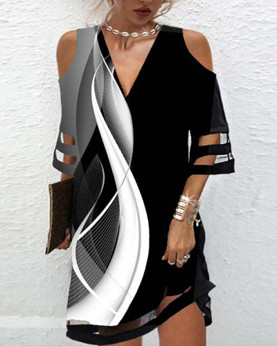 Elegant V-neck Mesh Geometric Pattern Dress