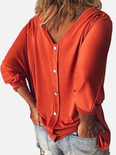 Solid Color Back Button Long Sleeve Casual T-Shirt