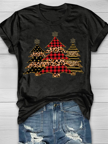 Christmas Bling Check Polka Dot Striped Christmas Tree Print T-Shirt