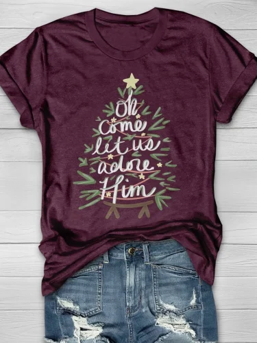 Let Me Adore Him Christmas Tree Print Short Sleeve T-shirt