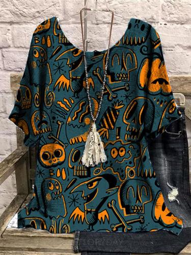 Skull Ghost Pumpkin Printed Halloween Round Neck T-Shirt