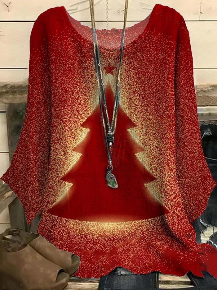 Women's Red Christmas Tree Art Printed Half Sleeved Top
