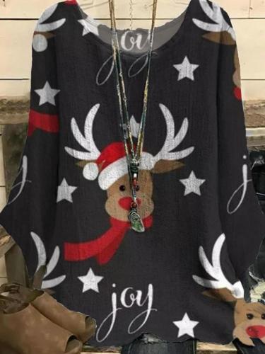 Women's Christmas Theme Elk Printed Round Neck Half Sleeve T-Shirt