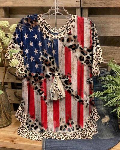 Women's Distressed American Flag Leopard Print Crewneck Top
