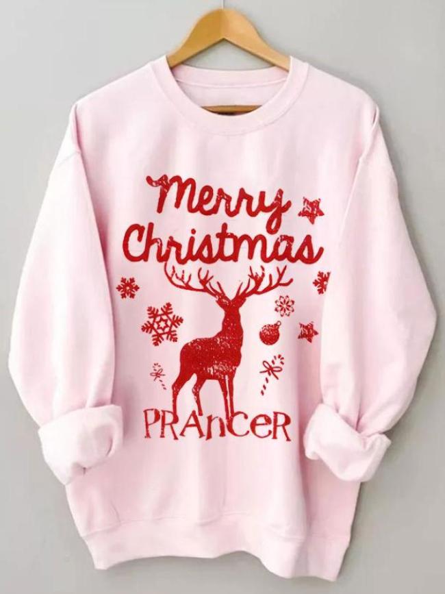 Women's Snowflake And Elk Printed Round Neck Top Sweatshirt