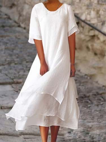 Cotton And Linen Double-Layer Color-Block Slit Short-Sleeved Round Neck Dress