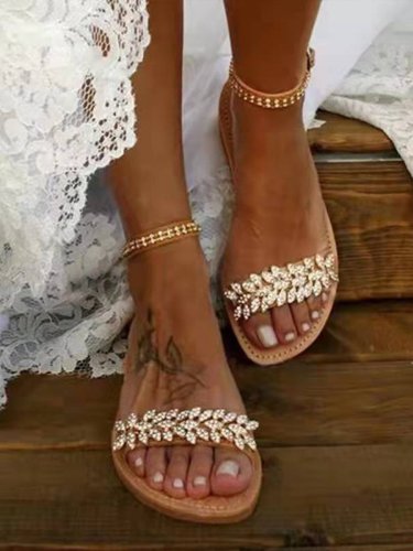 Women's Bohemian Leaf Small Diamond Slip-Toe Pearl Sandals