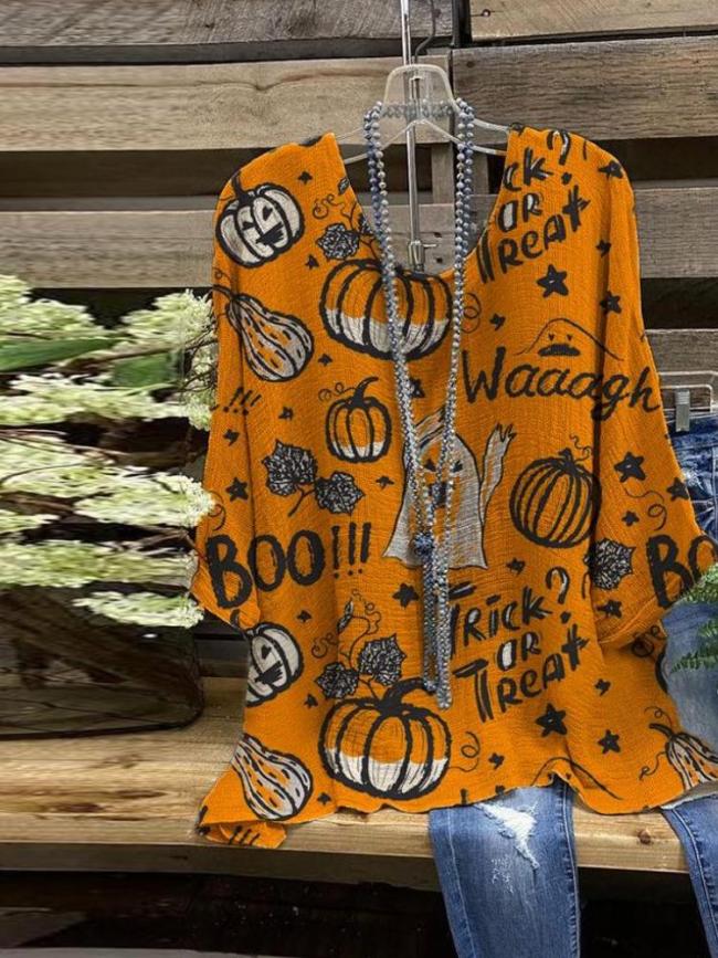 Trick Or Treat Pumpkin Ghost Printed Halloween T-Shirt