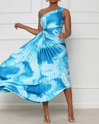 Summer One-shoulder Pleated Print Dress
