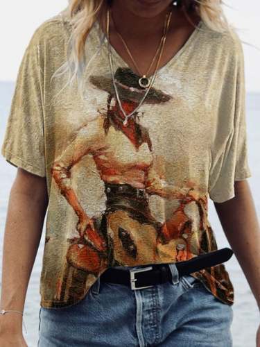 Women's Retro Western Cowgirl Print V-Neck T-Shirt