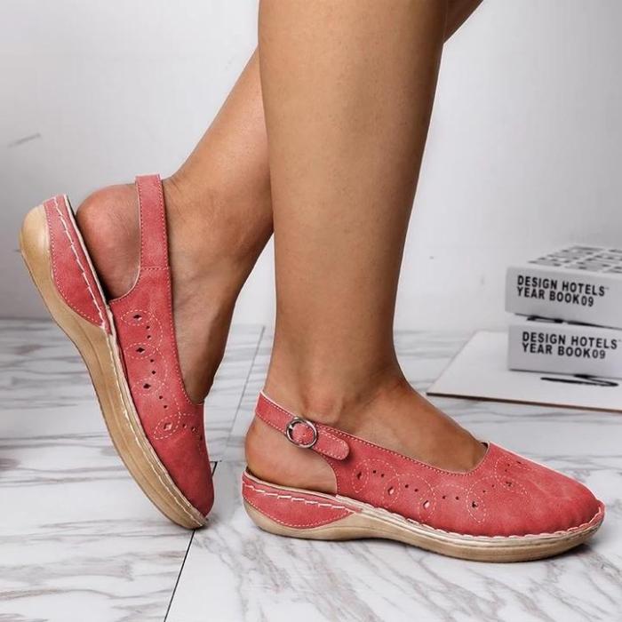 Woman Lace-up Round Toe Hollow Out Breathable Flat Sandals