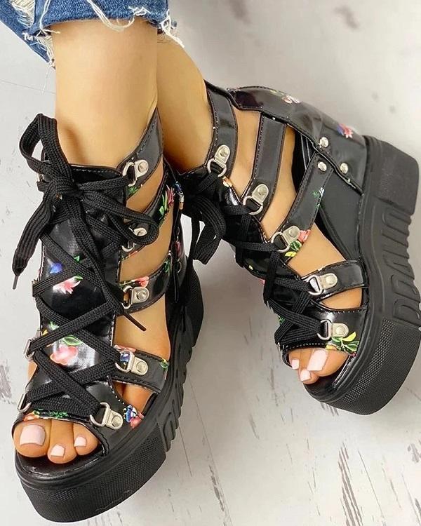 2020 Leisure Wedges Platform Shoelaces Women's Sandals