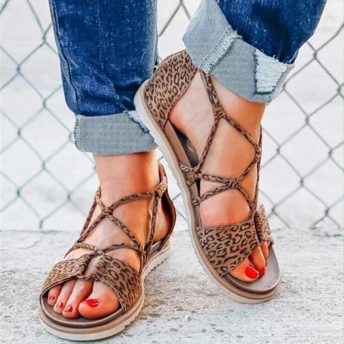 Leopard Printed Criss-Cross Zipper Flat Sandals
