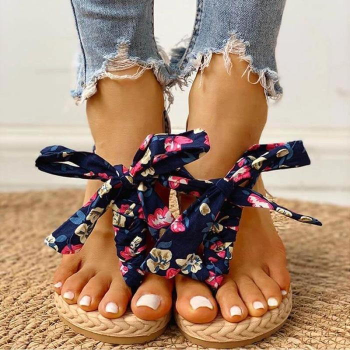 Women Fabric Bowknot Dot Floral Thongs Flat Heel Espadrille Slippers