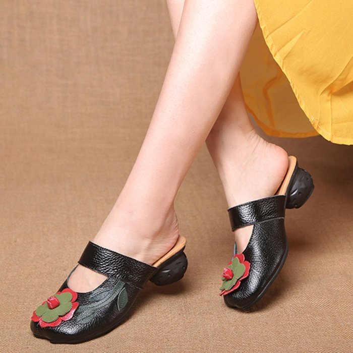 Women Soft Leather Flowers Square Closed Toe Slippers