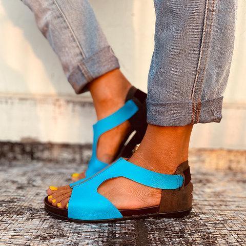 Blue Summer Daily Leather Flat Heel Sandals