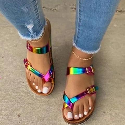 Multicolor Flat Heel Pu Summer Buckle Sandals