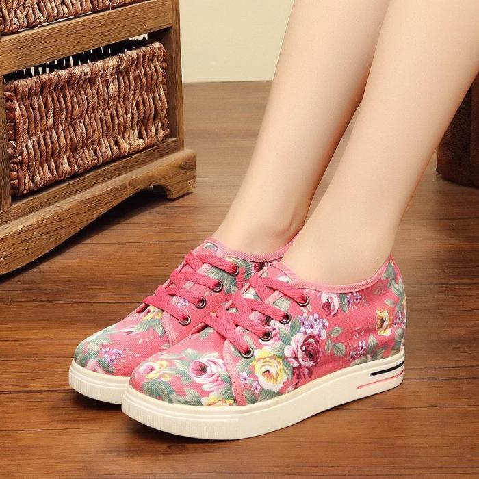 Flower Printing Lace Up Hidden Heel Casual Shoes