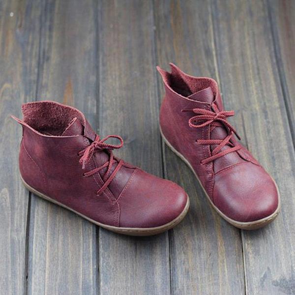 Vintage Solid Color Lace-Up Ankle Flat Boots