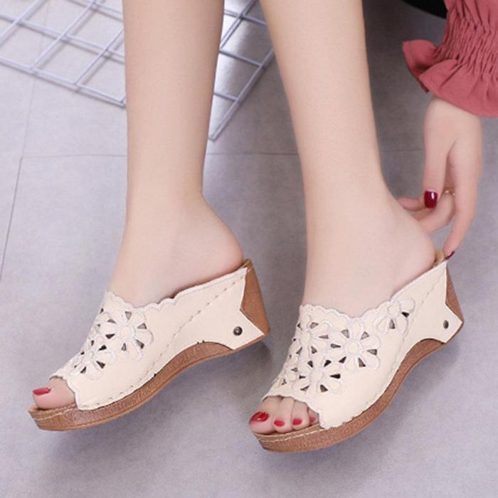 Women Casual Comfy Soft Sole Peep Toe Hollow Flowers Wedges Sandals