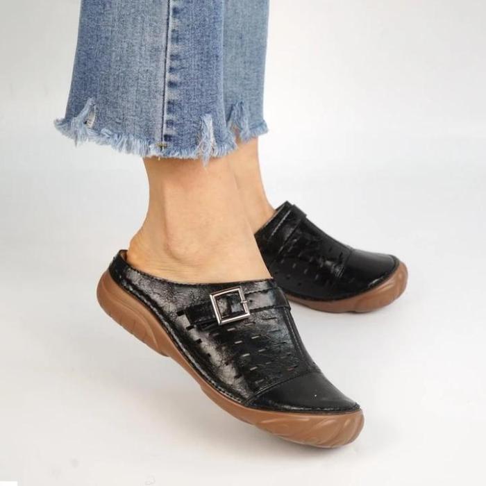 Women Metal Buckle Soft Leather Open Heel Casual Wedges Mule Sandals